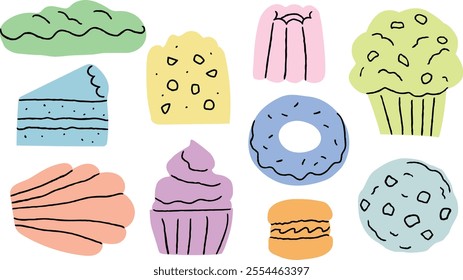 Set of kinds of bakery sweets. Rough hand drawn illustration vector.	 Cake, cupcake, muffin, canelé, cookie, donut, madeleine, eclair, macaron.