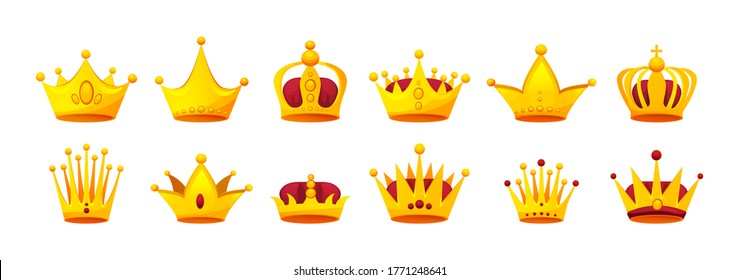 Set kinds of beautiful luxury gold crowns. Collection crown awards for winners, leadership. Royal king, queen. Luxury sign, icon of monarch or vintage coronet. Vector illustration on dark background.