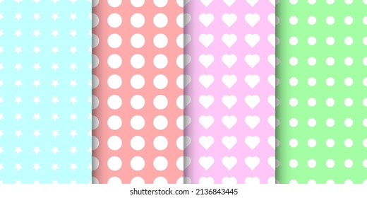 Set of kinds of shapes seamless pattern. star, circle, love, and hexagon pattern