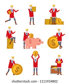 Set of king characters posing with coins. Old king standing with big coin, treasure chest. Saving money, finance concept. Flat design vector illustration