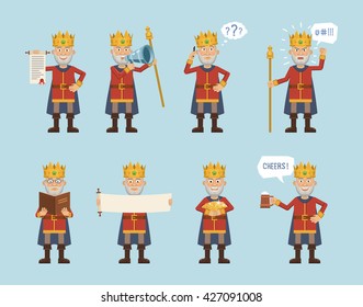 Set of king characters posing in different situations. Cheerful king holding scroll, loudspeaker, gold, mug of beer, reading a book, talking on the phone. Flat style vector illustration