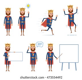 Set of king characters posing in different situations. Cheerful king running, jumping, standing, talking on the phone, holding banner, pointing to whiteboard. Flat style vector illustration