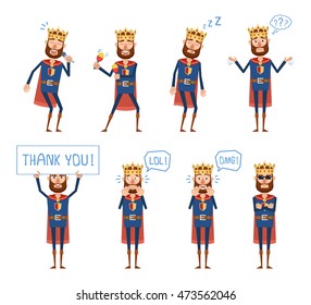 Set of king characters posing in different situations. Cheerful king karaoke singing, dancing, sleeping, thinking, laughing, surprised, holding thank you banner. Simple style vector illustration