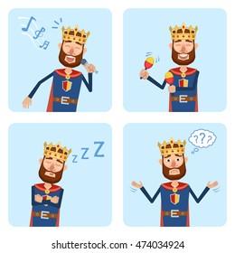 Set of king characters posing in different situations. Cheerful king karaoke singing, dancing, sleeping, thinking. Flat style vector illustration