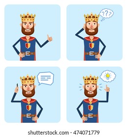 Set of king characters posing in different situations. Cheerful king thinking, talking on phone, pointing up, showing thumb up gesture. Flat style vector illustration