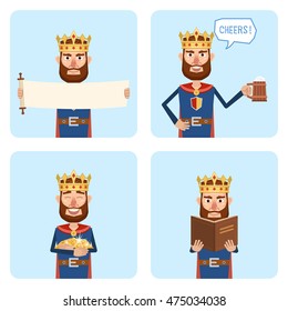 Set of king characters posing in different situations. Cheerful king with a blank scroll, mug of beer, holding gold coins, reading a book. Vector illustration