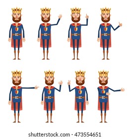 Set of king characters showing different hand gestures. Cheerful king showing thumb up, pointing, greeting, waving, this way, victory hand. Flat vector illustration
