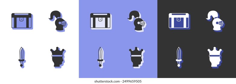 Set King crown, Antique treasure chest, Medieval sword and helmet icon. Vector