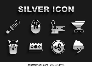 Fijar la corona del Rey, el yunque para herrería, la nube y el rayo, el escudo viking, la cabeza de vikingos, la lanza medieval, la espada y el icono. Vector