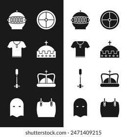 Set King crown, Body armor, Medieval iron helmet, Round wooden shield, Torch flame,  and Executioner mask icon. Vector