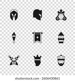 Set King crown, Castle tower, with, Medieval flag, Princess or queen, helmet,  and Torch flame icon. Vector