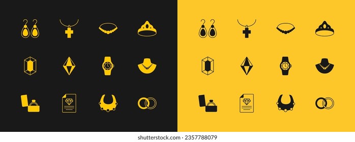 Fijar la corona del Rey, Certificado del diamante, reloj de pulsera, collar, piedra de la Gema, collar de la Perla, almendras e ícono de la cadena de cruz cristiana. Vector