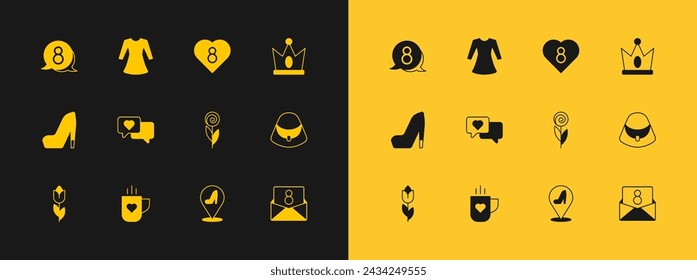 Set King crown, Coffee cup and heart, Flower, Woman shoe, Heart speech bubble, with 8 March,  and dress icon. Vector