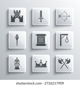 Definir Rei coroa, Cruzado eixos medievais, Forca, Decreto, pergaminho, pergaminho, Capacete de ferro medieval, Chama tocha, Castelo, fortaleza e arco e ícone de seta. Vetor