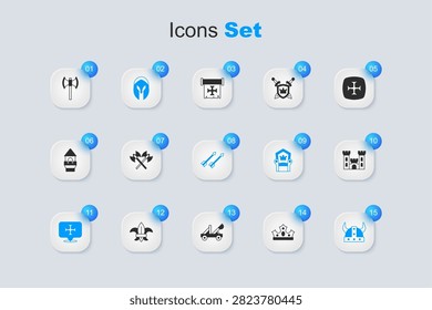 Set King crown, Crossed medieval axes, Medieval helmet, Crusade, Viking horned, Castle, poleaxe and arrows icon. Vector