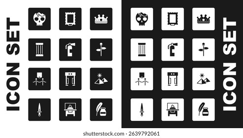 Set King crown, Fire extinguisher, Ancient column, Broken human skull, Road traffic signpost, Picture, Egypt pyramids and and rope barrier icon. Vector