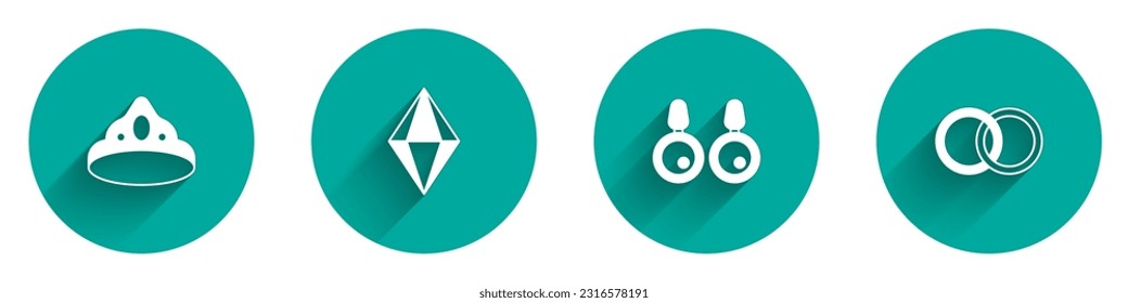 Set King crown, Gem stone, Earrings and Wedding icon with long shadow. Vector