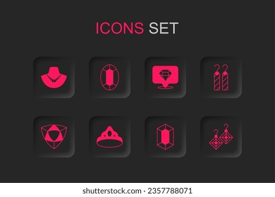 Set King crown, Gem stone, Necklace mannequin, Earrings, Diamond and  icon. Vector