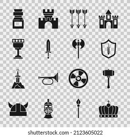 Kronen, Hammer, mittelalterliches Schild mit Schwert, Pfeile überquert, Goblet, Giftflasche und Axt-Icon. Vektorgrafik
