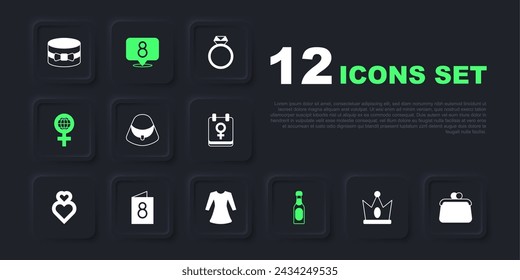 Set King crown, Handbag, Champagne bottle, International Women Day, Greeting card with 8 March,  and Woman dress icon. Vector
