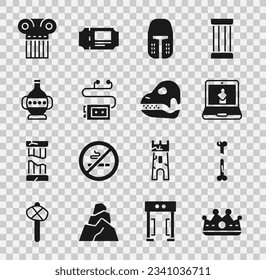 Colocar la corona del Rey, hueso roto humano, museo en línea, casco de hierro medieval, guía de audio del Museo, ánforas antiguas, columna e icono del cráneo de dinosaurio. Vector