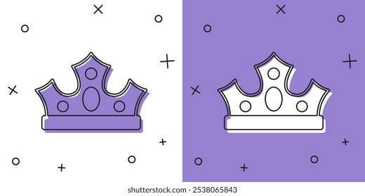 Conjunto icono de corona de rey aislado sobre fondo blanco y púrpura.  Vector