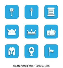 Set King crown, Location king, Medieval spear, iron helmet, Viking horned, Decree, parchment, scroll and chained mace ball icon. Vector