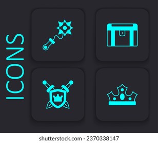 Coloca la corona del Rey, el armazón con picos, el cofre del tesoro antiguo y el icono Escudo espadas. Botón cuadrado negro. Vector
