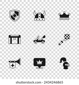 Set King Krone, Mace mit Spikes, mittelalterlicher Helm, Katapult, Schild, Wikingerhorn und antike Schatztruhe Ikone. Vektor