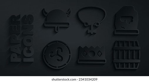 Fijar la corona del Rey, la corona mágica, el viraje Escudo, el barril de madera, el collar con la gema y el icono del casco con la bocina de Viking. Vector