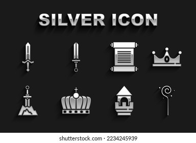 König-Krone, Zauberstab, Schlossturm, Schwert den Stein, Dekret, Pergament, Scroll, mittelalterliches Schwert und Symbol. Vektorgrafik