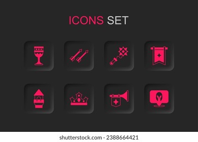 Fijar la corona del Rey, flechas medievales, goblet, Trumpet con bandera, casco, picos de Mace e icono de la torre del Castillo. Vector