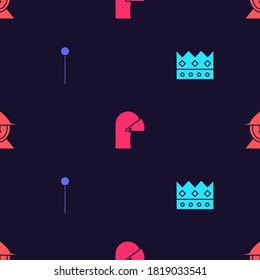 Set King crown, Medieval chained mace ball, iron helmet and on seamless pattern. Vector.