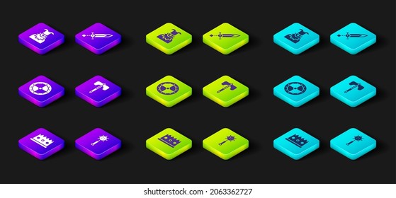 Coloca la corona del Rey, la bola de macizo de cadena medieval, el escudo de madera redonda, el hacha, la espada y el icono de cabeza Joker. Vector