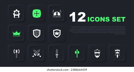 Set King with crown, Medieval flag, Shield, axe, Crossed medieval sword, Crusade and  icon. Vector