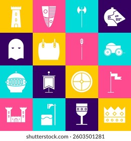 Set King crown, Medieval flag, Wooden four-wheel cart, axe, Body armor, Executioner mask, Castle tower and chained mace ball icon. Vector