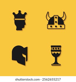 Set King crown, Medieval goblet, helmet and Viking horned icon with long shadow. Vector