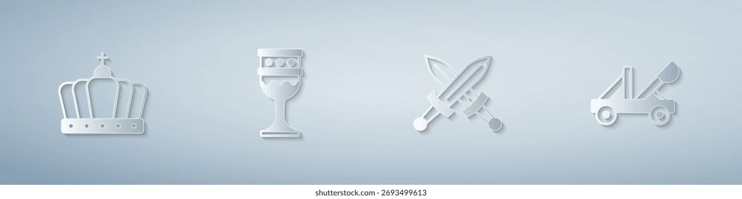 Set King crown, Medieval goblet, Crossed medieval sword and catapult. Paper art style. Vector