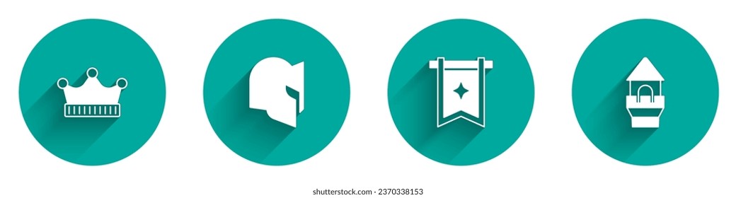 Set King crown, Medieval helmet, flag and Castle tower icon with long shadow. Vector