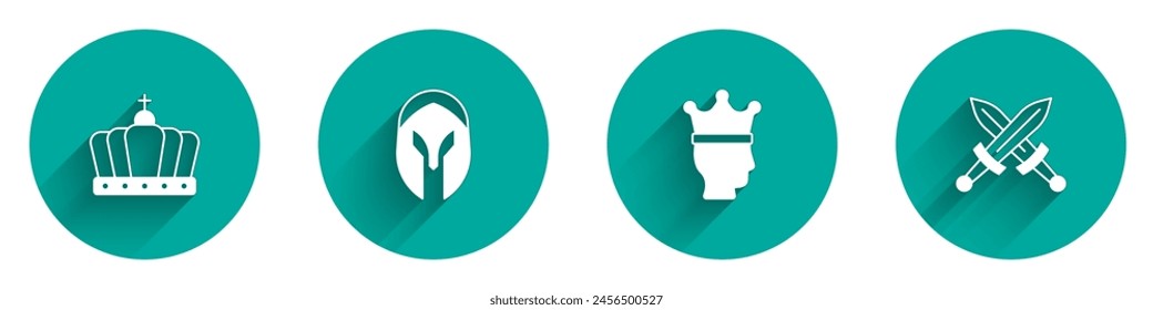 Conjunto de corona del rey, casco medieval, y cruzado icono de espada medieval con sombra larga. Vector