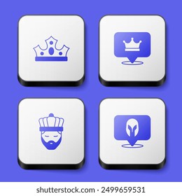 Set King crown, with and Medieval helmet icon. White square button. Vector