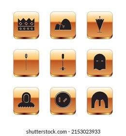 Set King crown, Medieval hood, Round wooden shield, Torch flame, chained mace ball, flag, iron helmet and Bale of hay and rake icon. Vector
