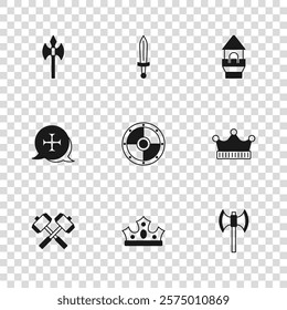 Set King crown, Medieval poleaxe, Round shield, Castle tower, sword and Crusade icon. Vector