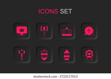 Conjunto Rey con corona, polea medieval, torre del castillo, cruzada, trono e icono de martillo de batalla. Vector