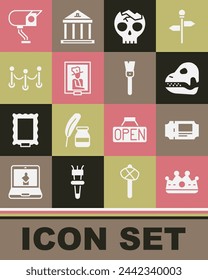 Set King crown, Museum ticket, Dinosaur skull, Broken human, Portrait museum, Rope barrier, Security camera and Paint brush icon. Vector