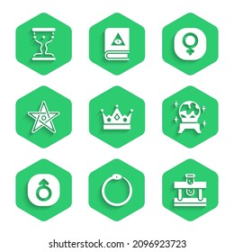 Set King crown, Ouroboros, Bottle with potion, Magic ball, Mars, Pentagram, Venus and Medieval goblet icon. Vector