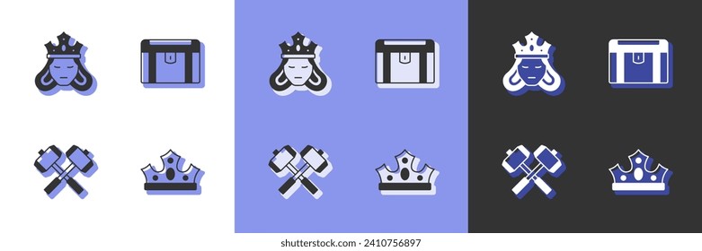 Ponga la corona del Rey, la princesa o la reina, los martillos de batalla cruzados y el icono del cofre del tesoro de la antigüedad. Vector
