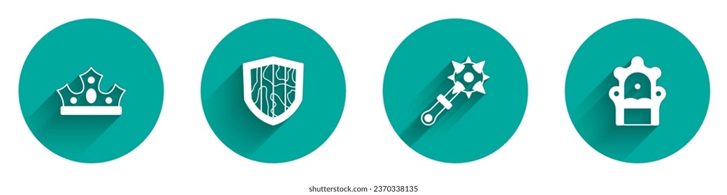 Fijar la corona King, Escudo, Mace con picos e icono medieval de trono con sombra larga. Vector