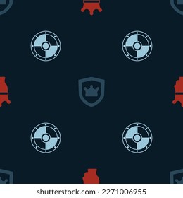 Set King crown, Shield with and Round shield on seamless pattern. Vector