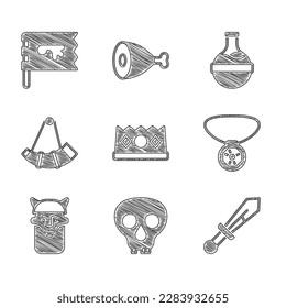 Die King-Kronen setzen, Schädel, mittelalterliches Schwert, Ketten mit Edelstein, Viking-Kopf, Jagdhorn, Flaschentränke und Flaggen-Symbol. Vektorgrafik